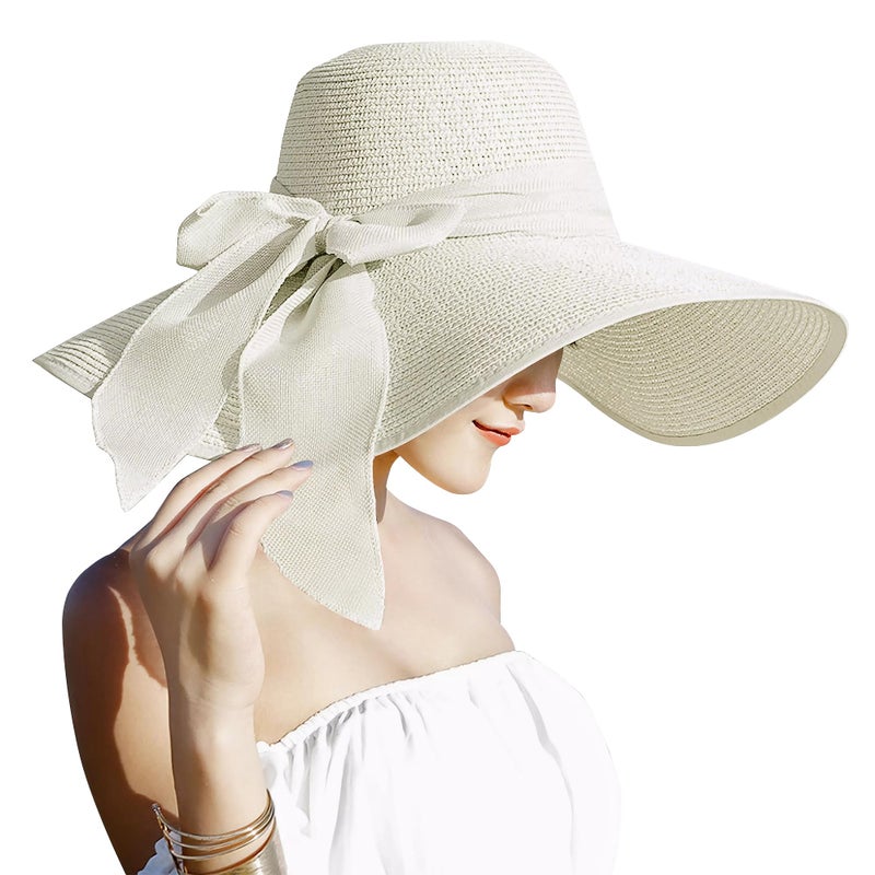 Lanzom Womens 5.7 Inches Big Bowknot Straw Hat Large Floppy Foldable Roll up Beach Cap Sun Hat UPF 50+ Fit Size 6 8/7-7 1/4(Ivory White) - Image 1